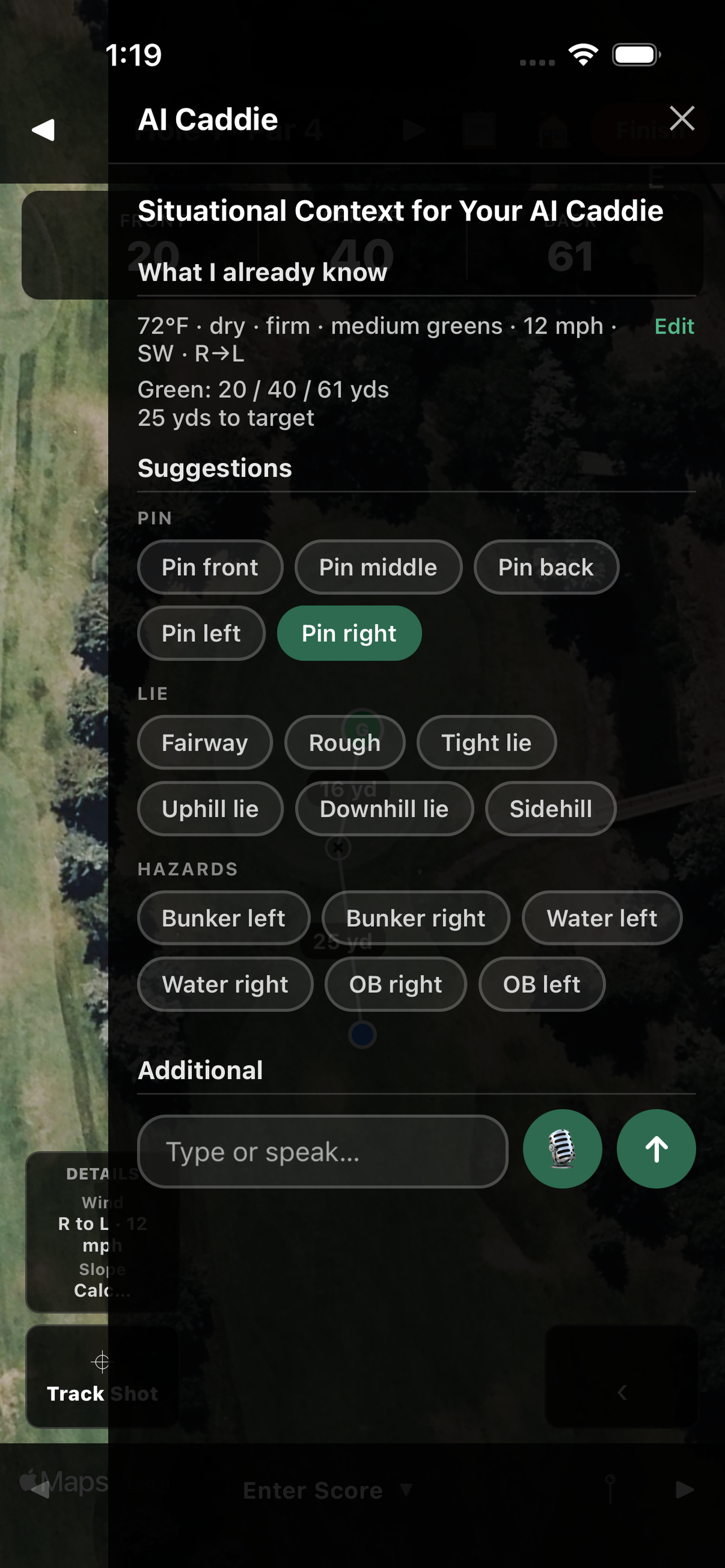 AI Caddie shot context chips