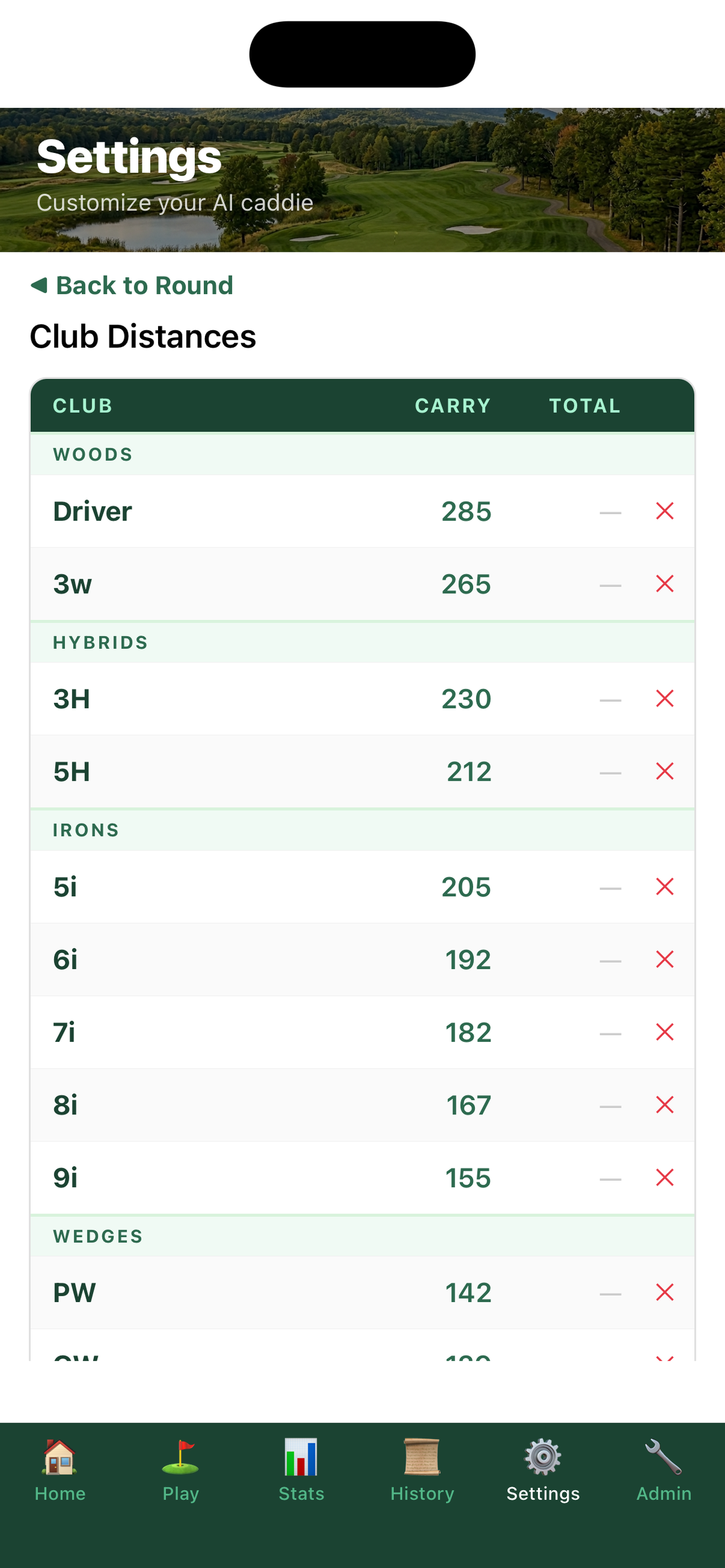 AI Caddie club distances