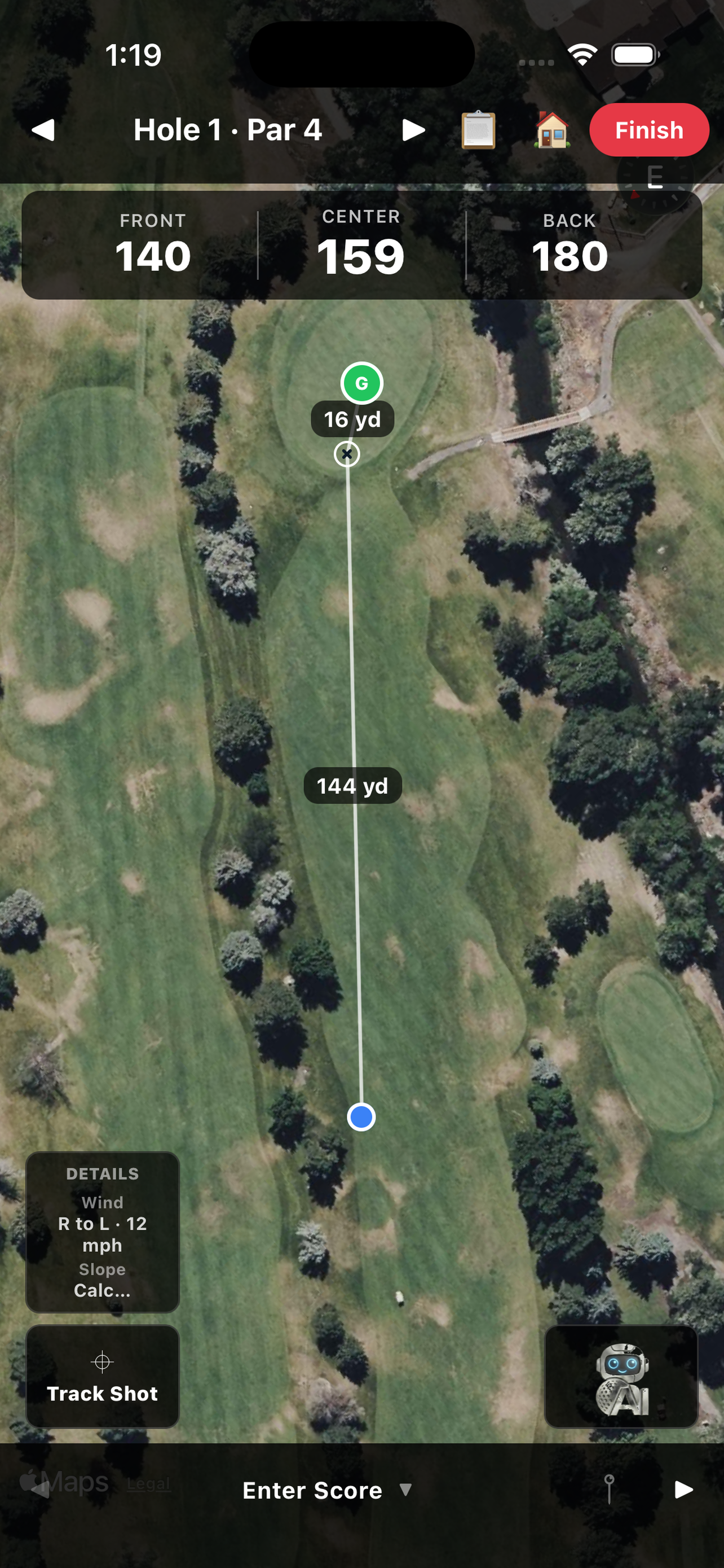 AI Caddie GPS yardage and shot-tracking screen