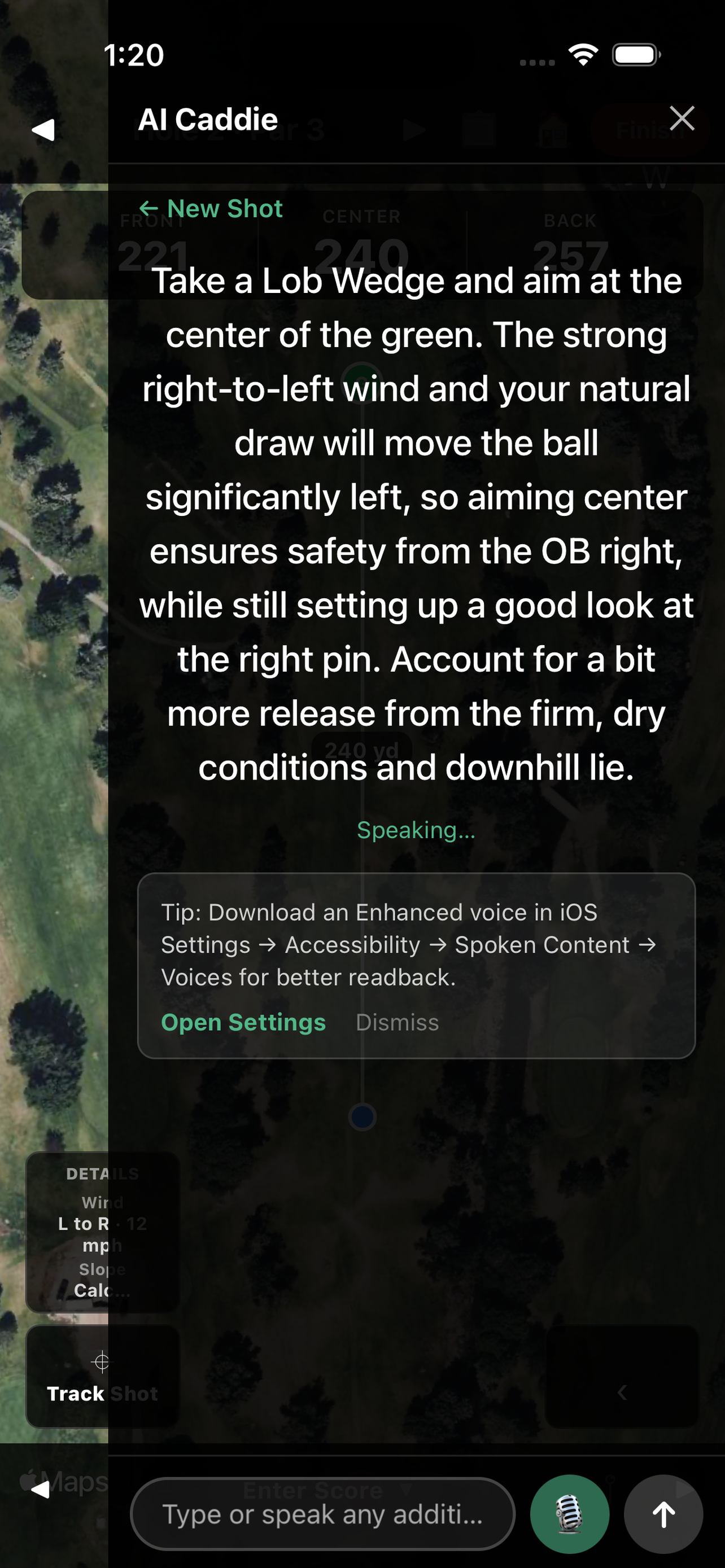 AI Caddie spoken shot recommendation