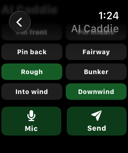 AI Caddie shot context chips on Apple Watch