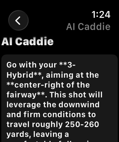 AI Caddie spoken recommendation on Apple Watch
